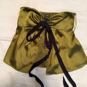 Ecote Olive Green Satin Blouse with Black Tie